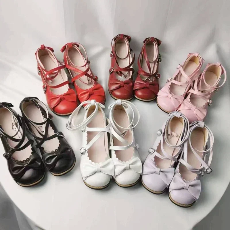 Lolita Shoes Women Flats Low Round With Cross Straps Bow Cute Girls Princess Tea Party Shoes Students Lovely Shoes Rozmiar 34-41