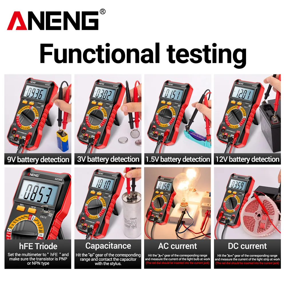 ANENG SZ305 มัลติมิเตอร์แบบดิจิตอล Professional AC/DC แรงดันไฟฟ้าแอมป์มิเตอร์ตัวเก็บประจุ hFE Triode NCV แรงดันไฟฟ้า Induction เครื่องทดสอบช่างไฟฟ้า