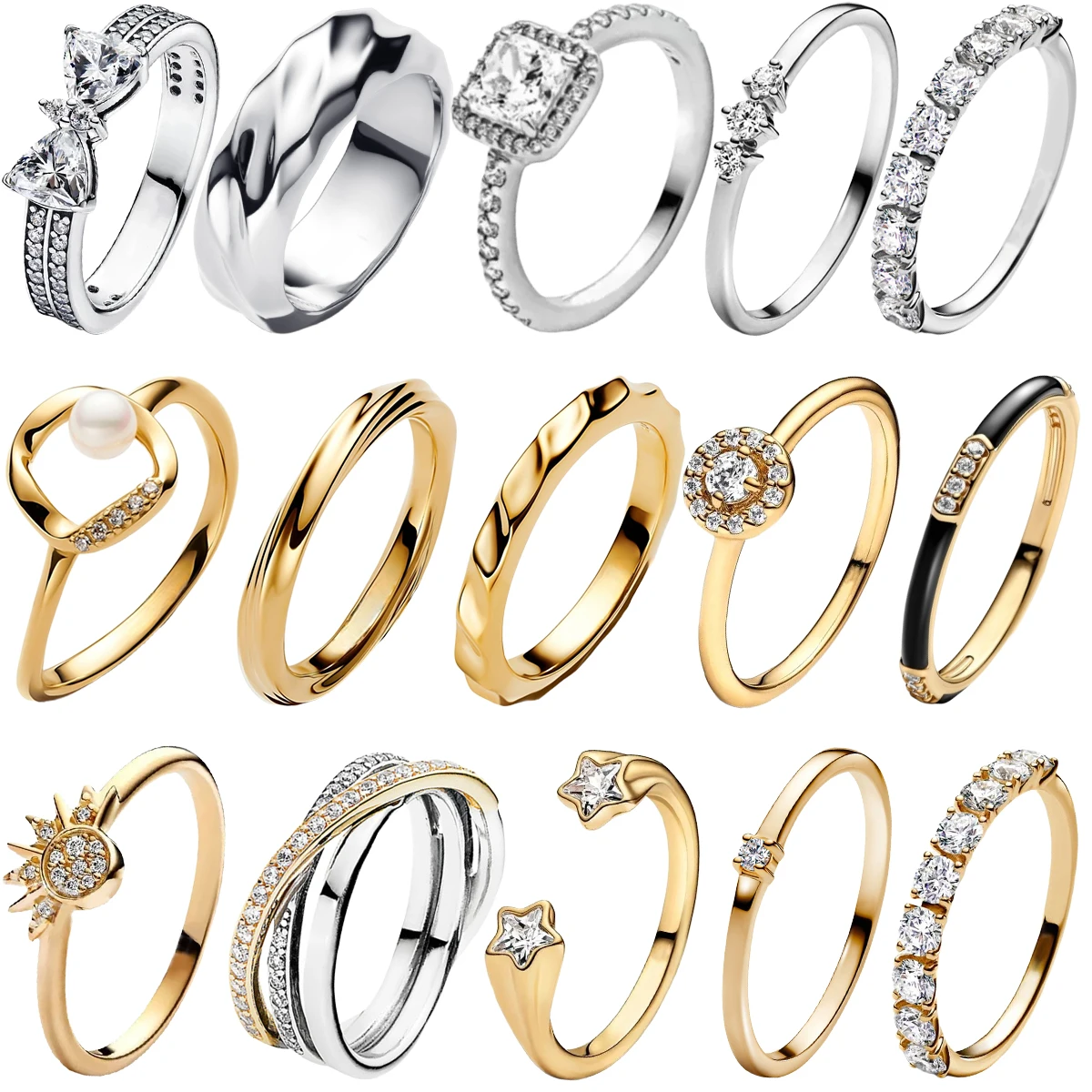 Original 925 prata esterlina coração coroa arco lua concha anel de cristal colorido para mulheres aniversário dos namorados jóias finas presente