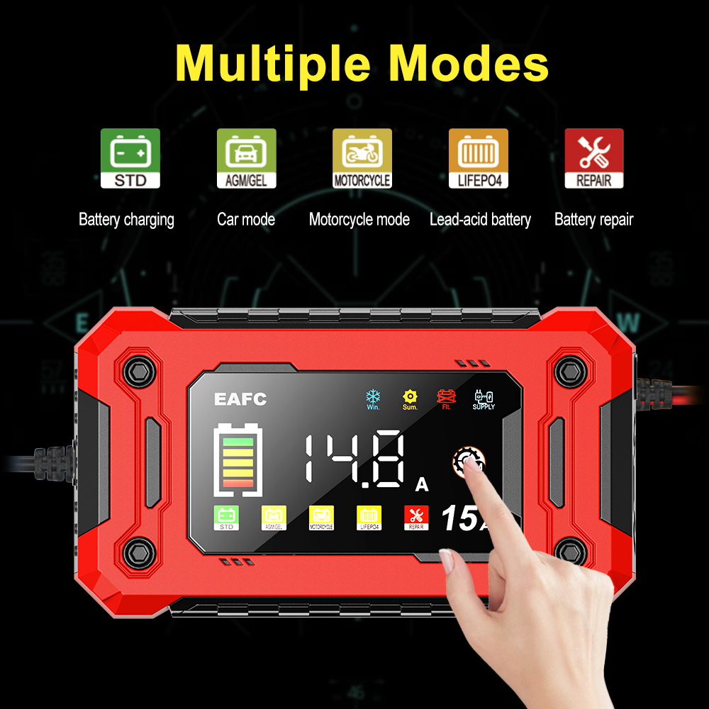 Nieuwste 12V Auto Acculader 15A/8A Puls Reparatie Grote Display Slimme Oplader voor Auto Motor Lood-zuur AGM GEL Batterijen