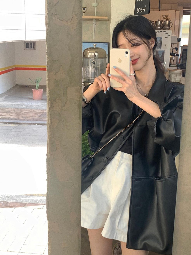 エレガントなミッドレングスブラックレザージャケット女性のファッショナブルな多用途 Pu レザーコート秋冬スタイリッシュなトップ女性のための