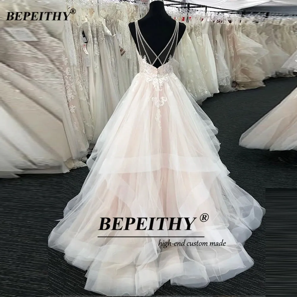 BEPEITHY 여성용 맞춤형 A 라인 웨딩 원피스, 신부 2023 섹시한 백리스 러플 아이보리 샴페인 신부 보호 비치 가운 가운