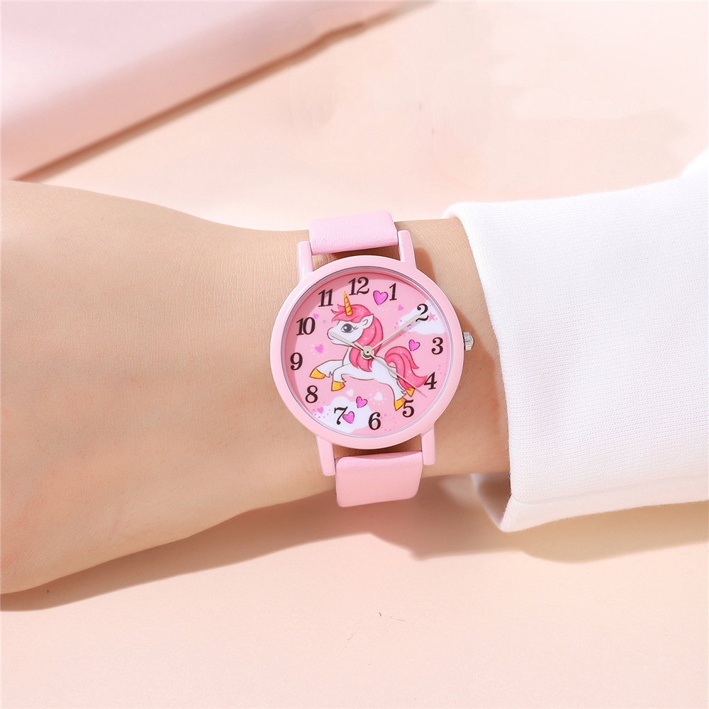 schattig roze pu lederen band eenhoorn Kindercartoonhorloge