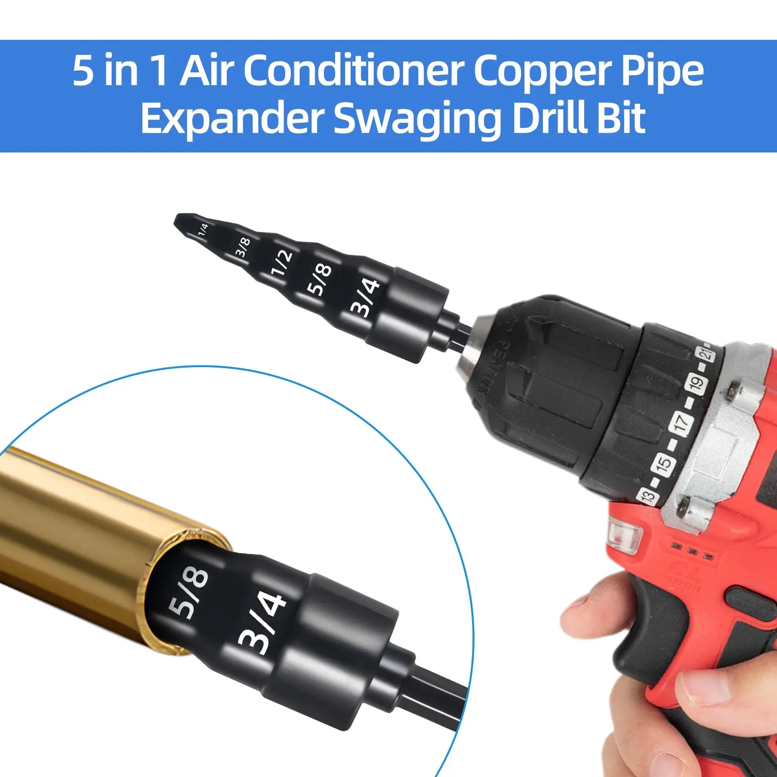 Swaging Tool 5 in 1 Air Conditioner Copper Pipe Expander Swaging Drill Bit Set with Hex Shank, with 1/4, 3/8, 1/2, 5/8, 3/4 Bits