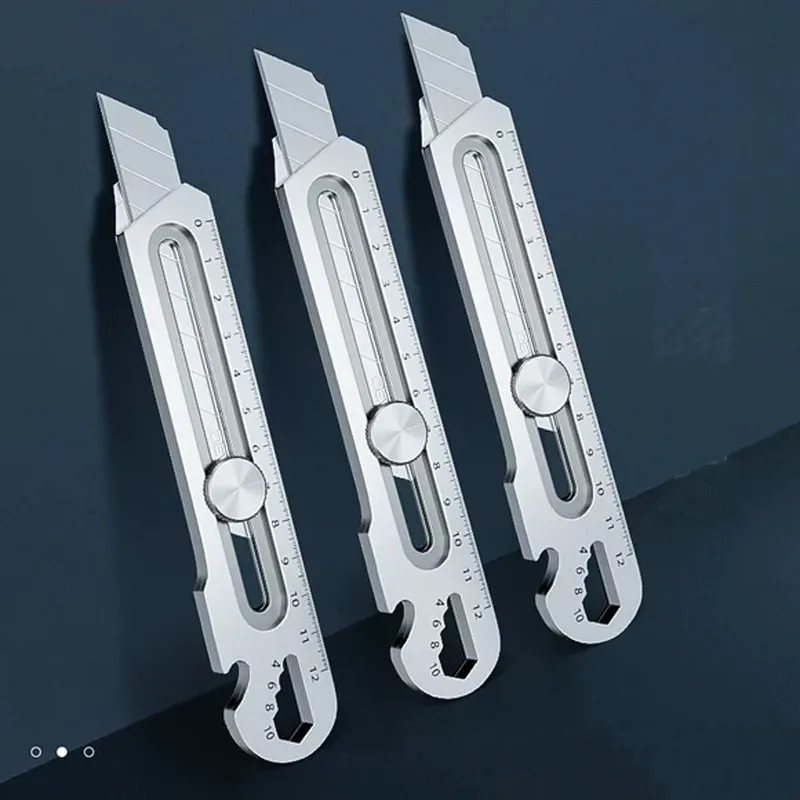 Cuchillo retráctil 6 en 1, cortador de caja, papelería multifuncional de alta resistencia, suministros de cuchillos de utilidad de acero inoxidable de 18MM/25MM