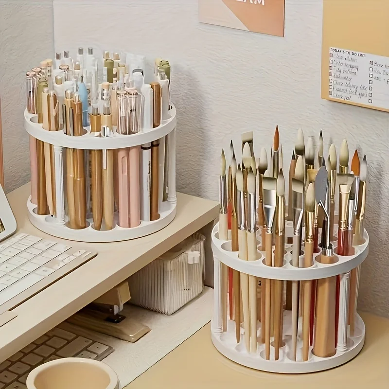 360° Rotating Brush Holder - Sleek White Plastic Organizer for Art Brushes, Space-Saving Desktop Accessory with Glazed Finish