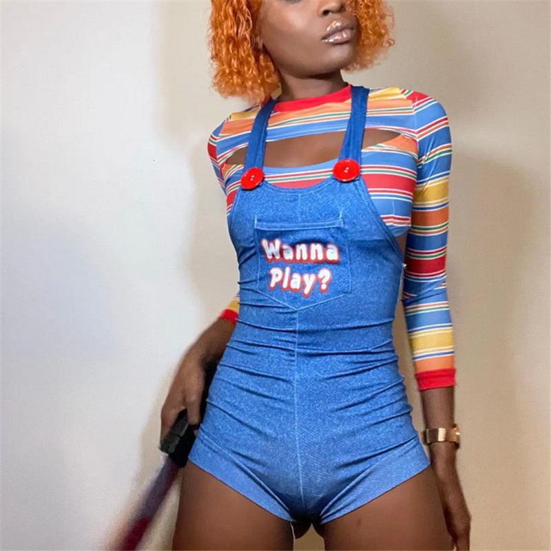 ผู้หญิง 2 ชิ้นชุดน่ากลัว Nightmare Killer ตุ๊กตา Wanna Play ตัวละครภาพยนตร์บอดี้สูท Chucky ตุ๊กตาเครื่องแต่งกาย COSPLAY Jumpsuit