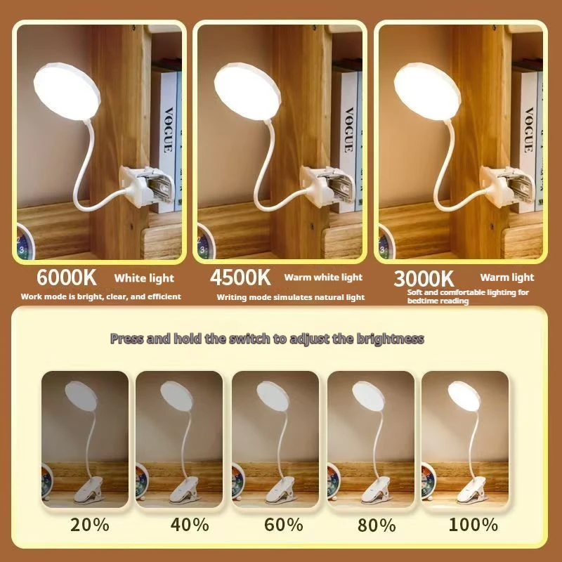 Lampada da tavolo a LED portatile con clip Lampada da scrivania con clip ricaricabile USB Lampada da lettura per letto Luce notturna Touch 3 modalità di attenuazione Luce di protezione degli occhi