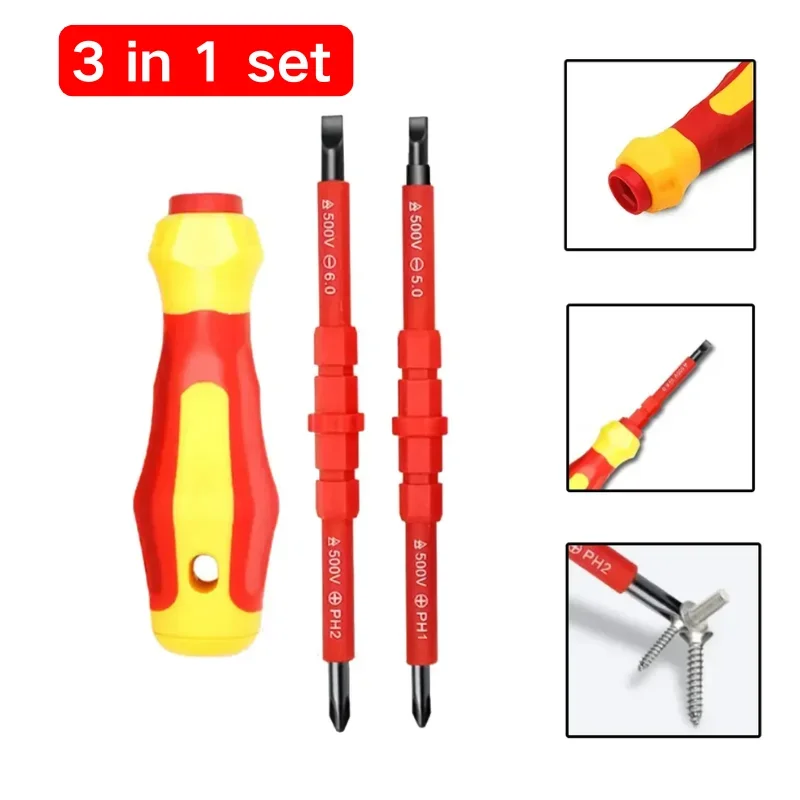 3 In 1 전기 기술자 절연 드라이버 키트 교환 가능한 자기 블레이드 - PH1/PH2, 슬롯형, 십자형 비트 다목적 도구