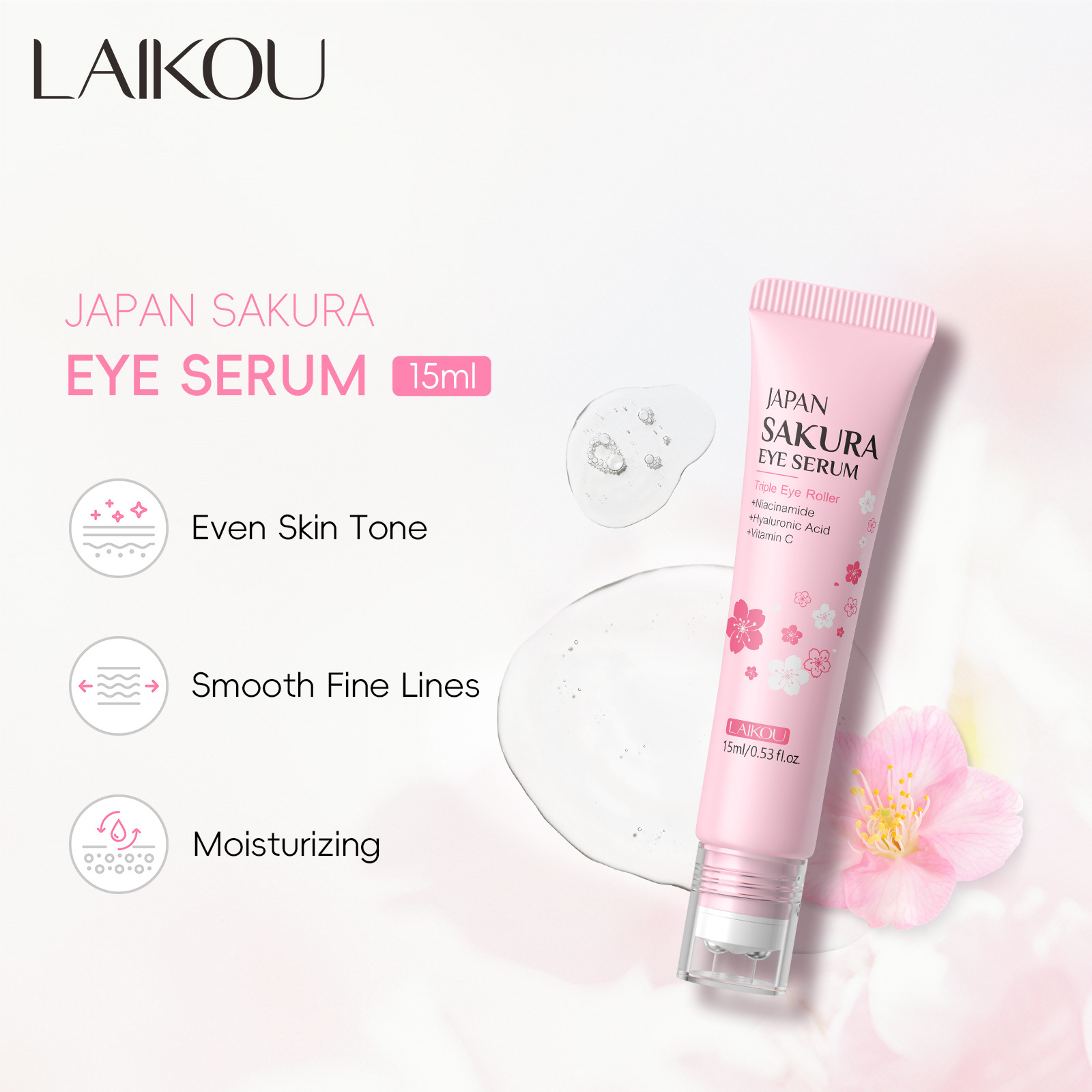 LAIKOU Sakura Oogserum Roller Massage Hyaluronzuur Huidverzorging Wallen Crème Hydraterende Donkere Kringen 15 ml