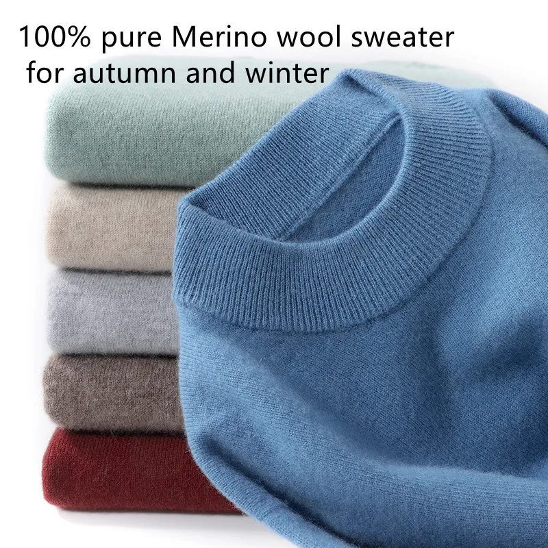 Herren-Pullover aus 100 % reiner Merinowolle, halbhoher Ausschnitt, einfarbig, Übergröße, lässiger Pullover, Herbst- und Wintersport-Kaschmir-Oberteil