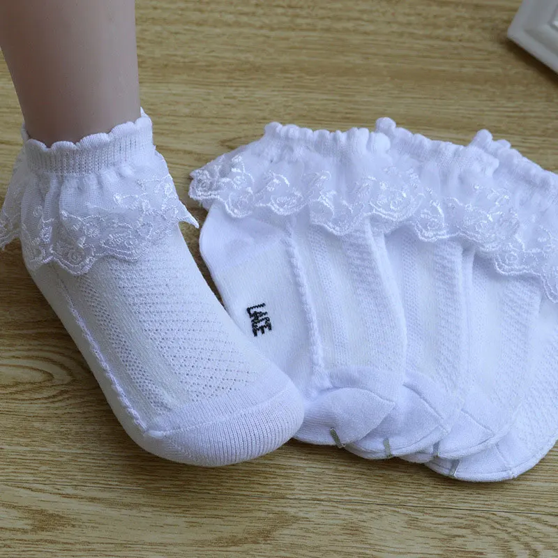 10 par/lote de calcetines para niñas y niños, calcetines de encaje con volantes de princesa de malla para niños, calcetines cortos transpirables de algodón blanco, rosa y azul para niños pequeños