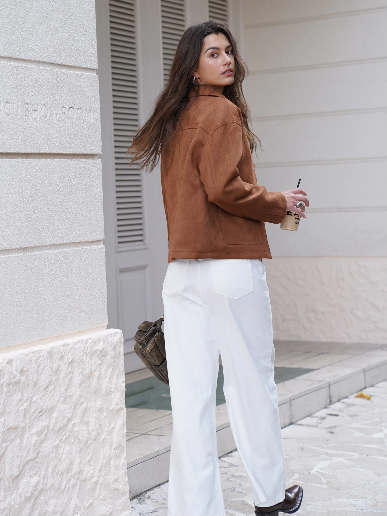 ใหม่ 2025 ฤดูใบไม้ร่วง/ฤดูใบไม้ร่วงผู้หญิงแฟชั่น Basic สั้น Suede กระเป๋าเสื้อแจ็คเก็ตและ Coat