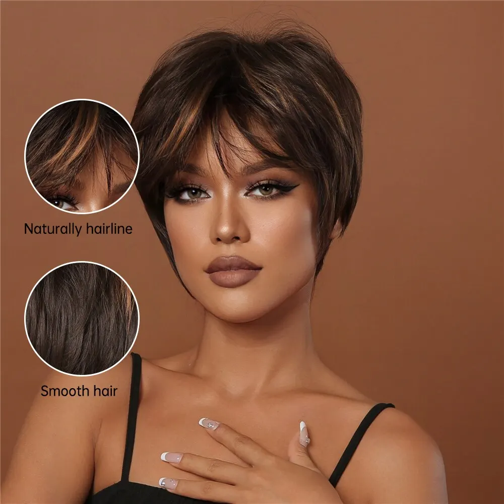สีน้ําตาลวิกผมสังเคราะห์สําหรับผู้หญิงสีดําสั้น Pixie ตัดวิกผมกับ Bangs Party Daily ใช้วิกผมธรรมชาติผมทนความร้อน