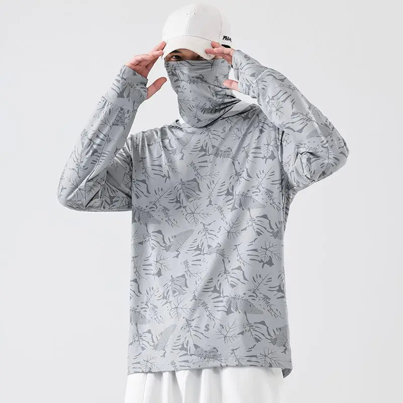 Camisetas de protección solar para hombre, camisetas de manga larga a prueba de rayos UV, pesca, senderismo, máscara de verano, camiseta ligera con capucha de protección para exteriores
