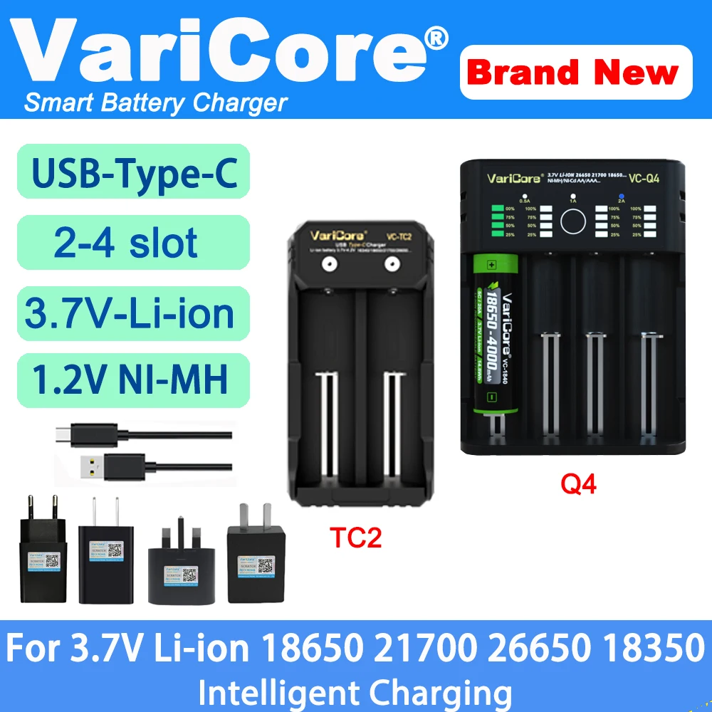 VariCore VCQ4 4-slot Intelligent Battery Charger Portable for 3.7V Lithium 18650 26650 21700 18500 18350 1.2V NI-MH Ni-Cd AA AAA