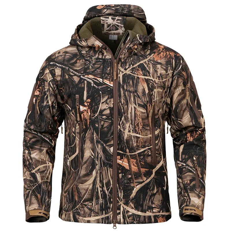 Jaqueta camuflada silenciosa masculina, jaqueta tática de lã à prova d'água, casca macia, caminhadas ao ar livre, pesca, casaco com capuz