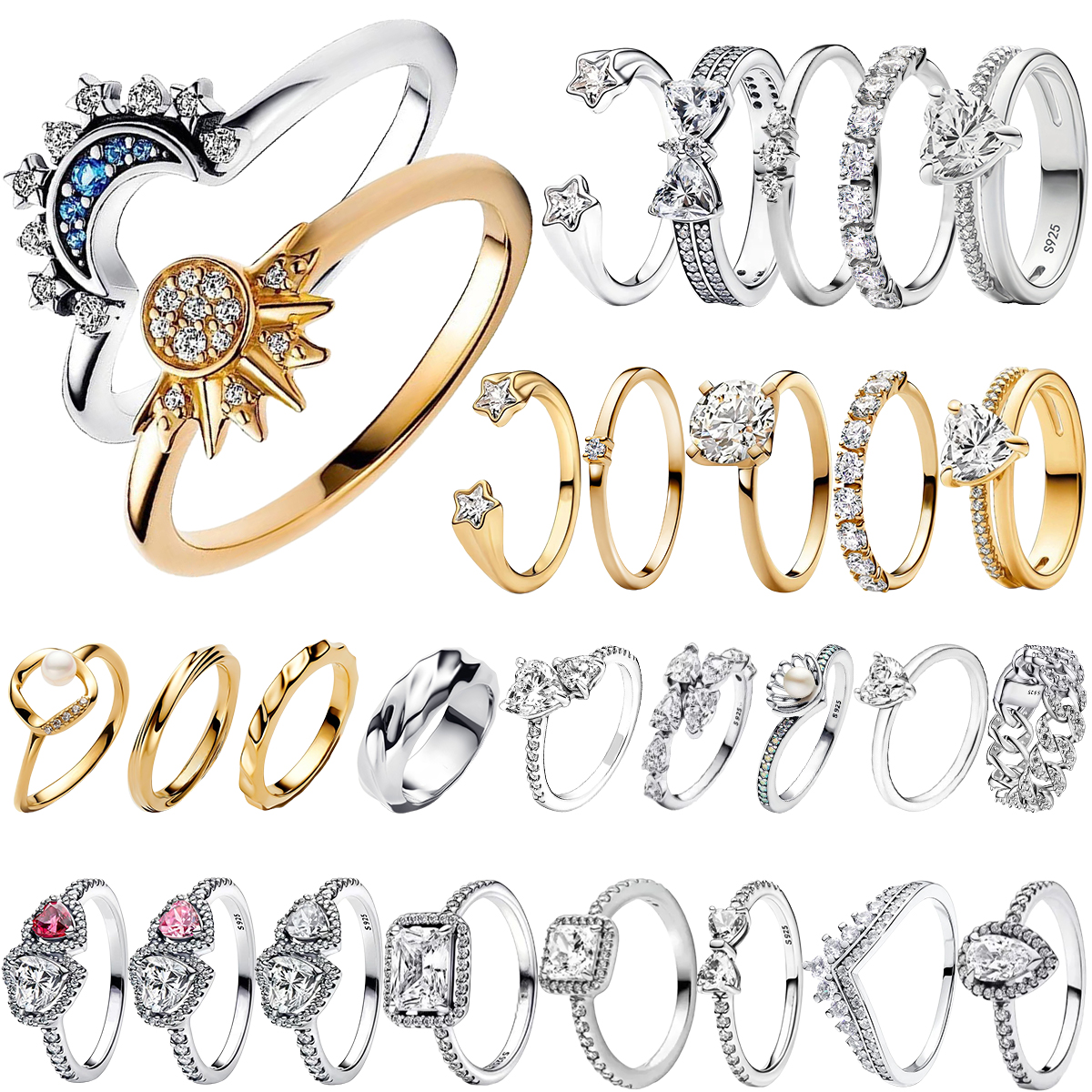 Ringen voor vrouwen 925 sterling zilver zon maan hart kroon parel zirkoon paar ring sprankelende fijne sieraden cadeau voor Valentijnsdag