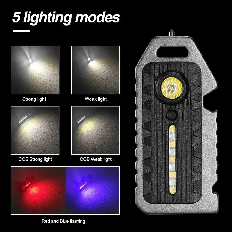 Lampe de poche porte-clés LED Portable USB-C, Mini torche Rechargeable, lanterne de poche, lampe de travail d'inondation, sifflet de survie d'urgence