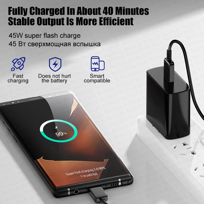 Original 45W Quick Type C Charger For Samsung Galaxy S22 S23 S24 Ultra S21 S20 FE S10 Note 20 Plus A71 A80 Fast Charging Cable