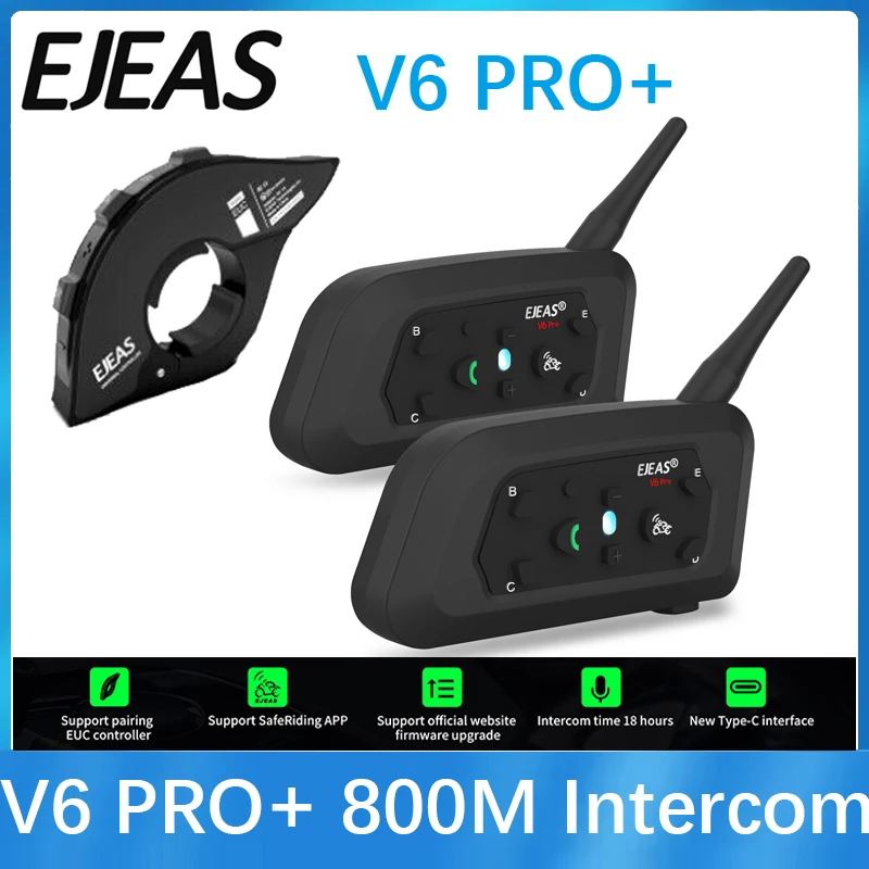 EJEAS V6 PRO +/PLUS Motorradhelm Bluetooth-Gegensprechanlage-Headset mit 800 m BT-Gegensprechkommunikator für 6 Fahrer wasserdicht