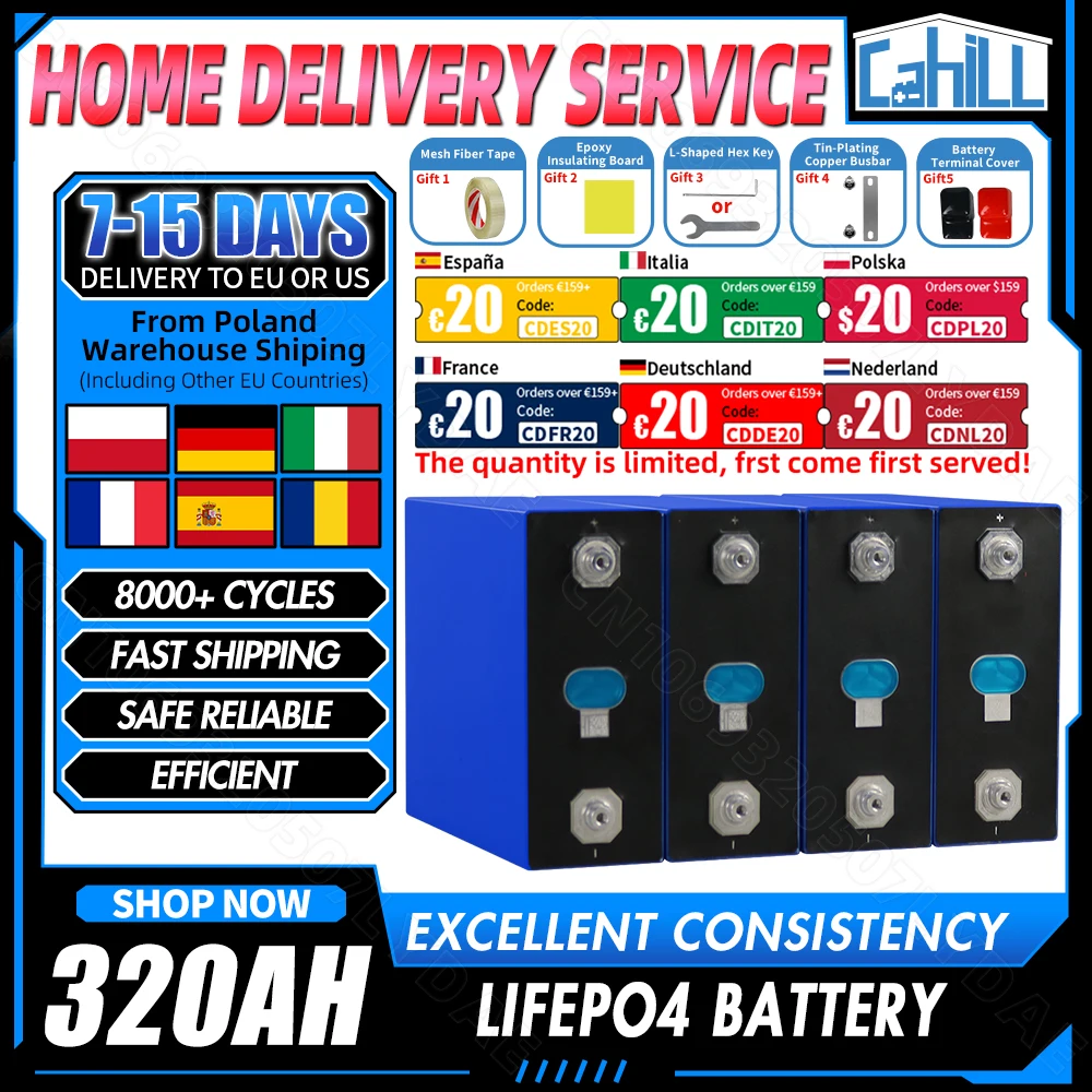 Klasa A 8000+ cykli 320Ah Lifepo4 Bateria 3,2 V litowo-żelazowo-fosforanowy Akumulator do ładowania, odpowiedni do DIY 12V 24V 48V Domowe magazynowanie energii RV słoneczny akumulator kempingowy, inwentaryzacja UE