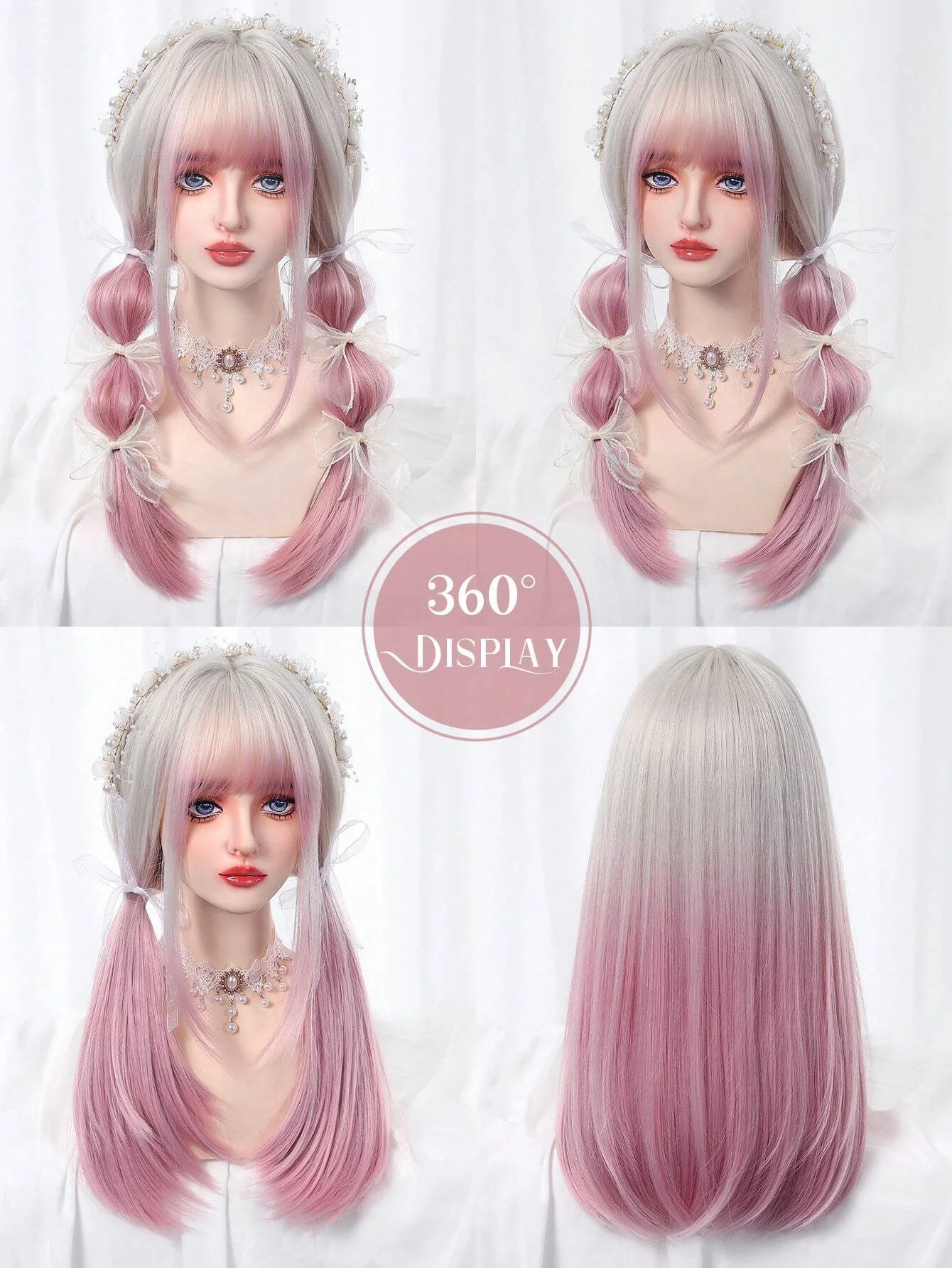 GEMMA-peluca larga y recta para mujer, pelo sintético colorido de color rosa claro, Rubio, Cosplay de Lolita, con flequillo, resistente al calor