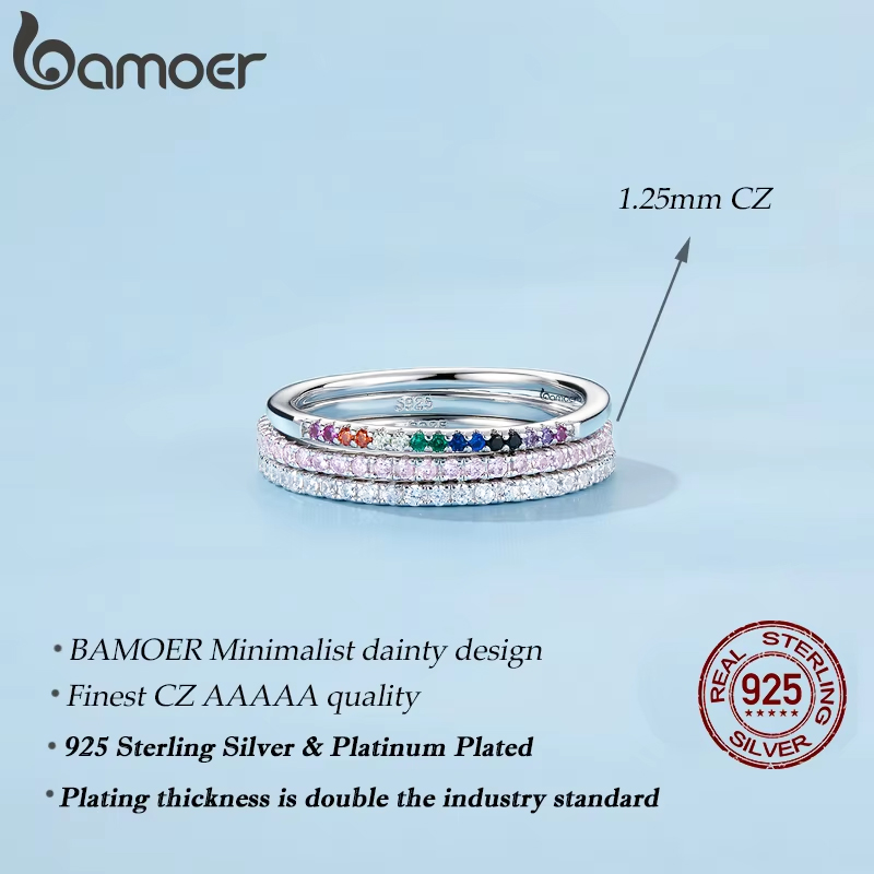 BAMOER 925 bagues empilables en argent sterling entièrement pavées de diamants simulés, bandes d'éternité de fiançailles plaquées or pour femmes colorées CZ
