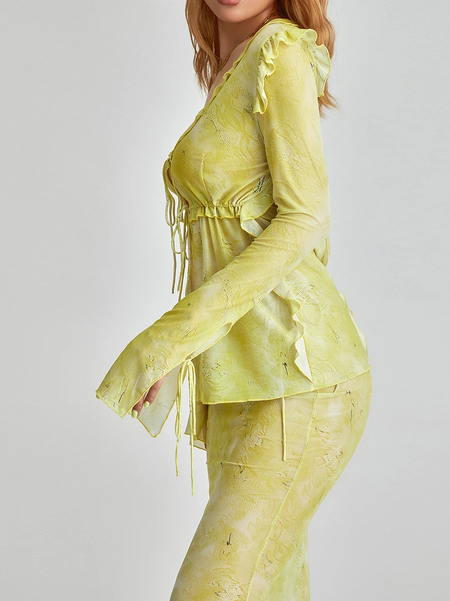 Y2K-Robe de Plage en Maille Transparente pour Femme, Grunge, à Volants, Col en V, Ensemble Jupe 2 Pièces, Été (Longue)