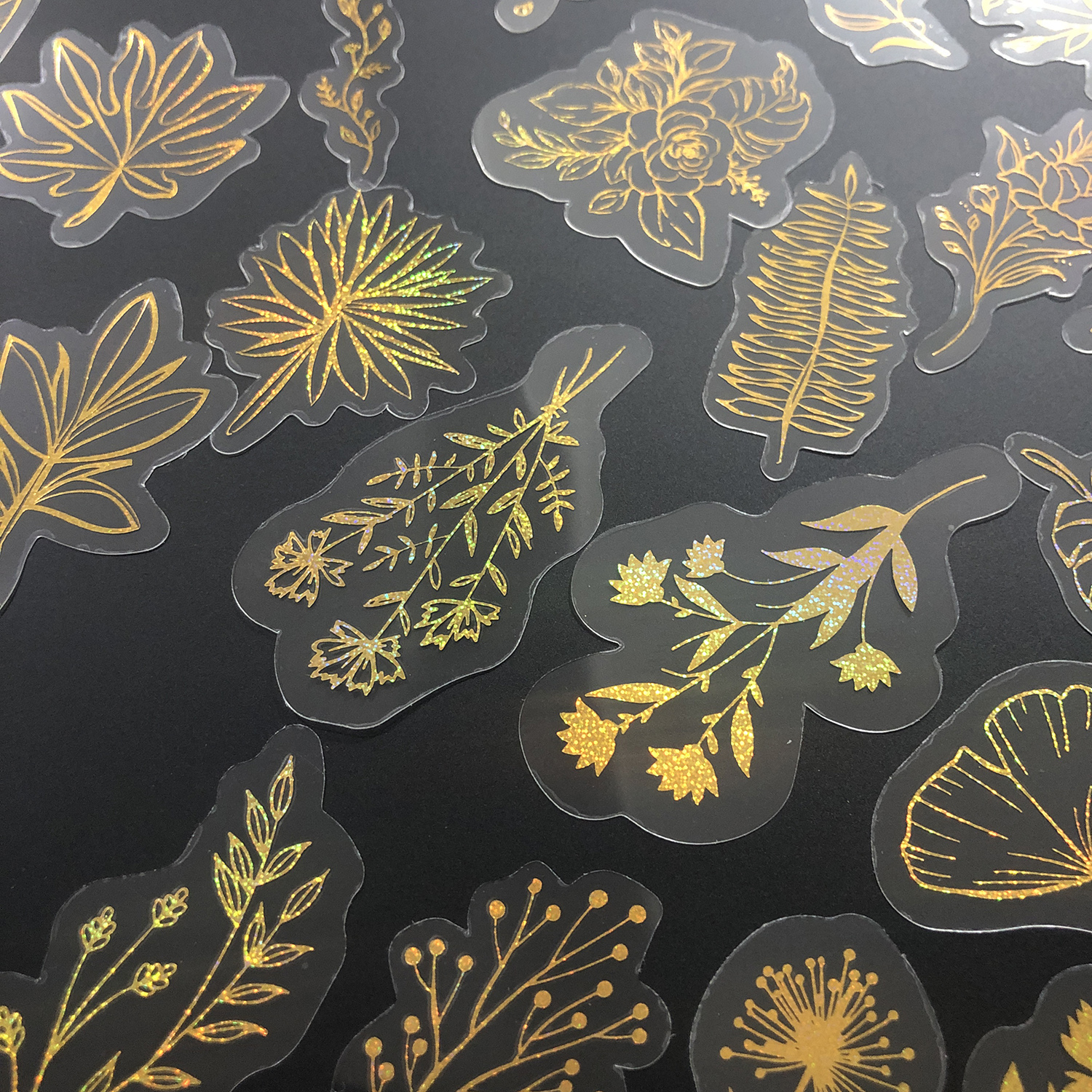 80 ชิ้น Glitter Gold สติกเกอร์ดอกไม้, กันน้ําโปร่งใสสติ๊กเกอร์ตกแต่ง, สัตว์เลี้ยงกาวสติกเกอร์ป้าย