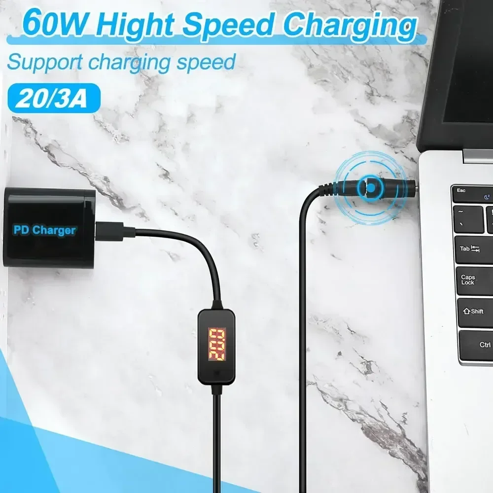 Cable de carga rápida PD de voltaje ajustable de 5-20V para portátil Lenovo Asus Hp Acer y más Cable adaptador de corriente tipo C a DC5.5x2.1mm
