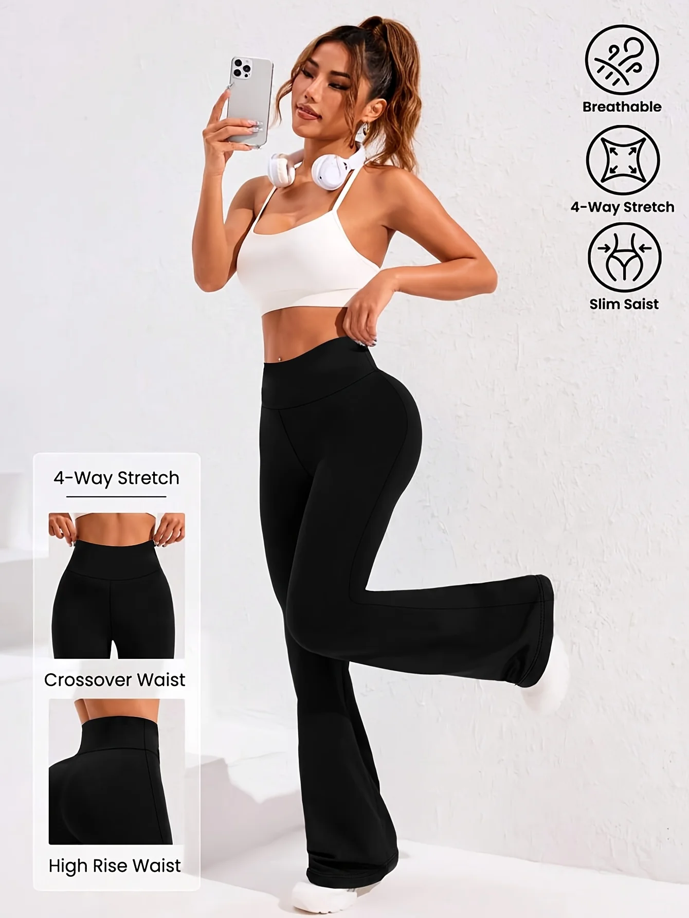 Women's casual elastic flared pants, high waisted black wide leg pants, suitable for spring and summer office wear