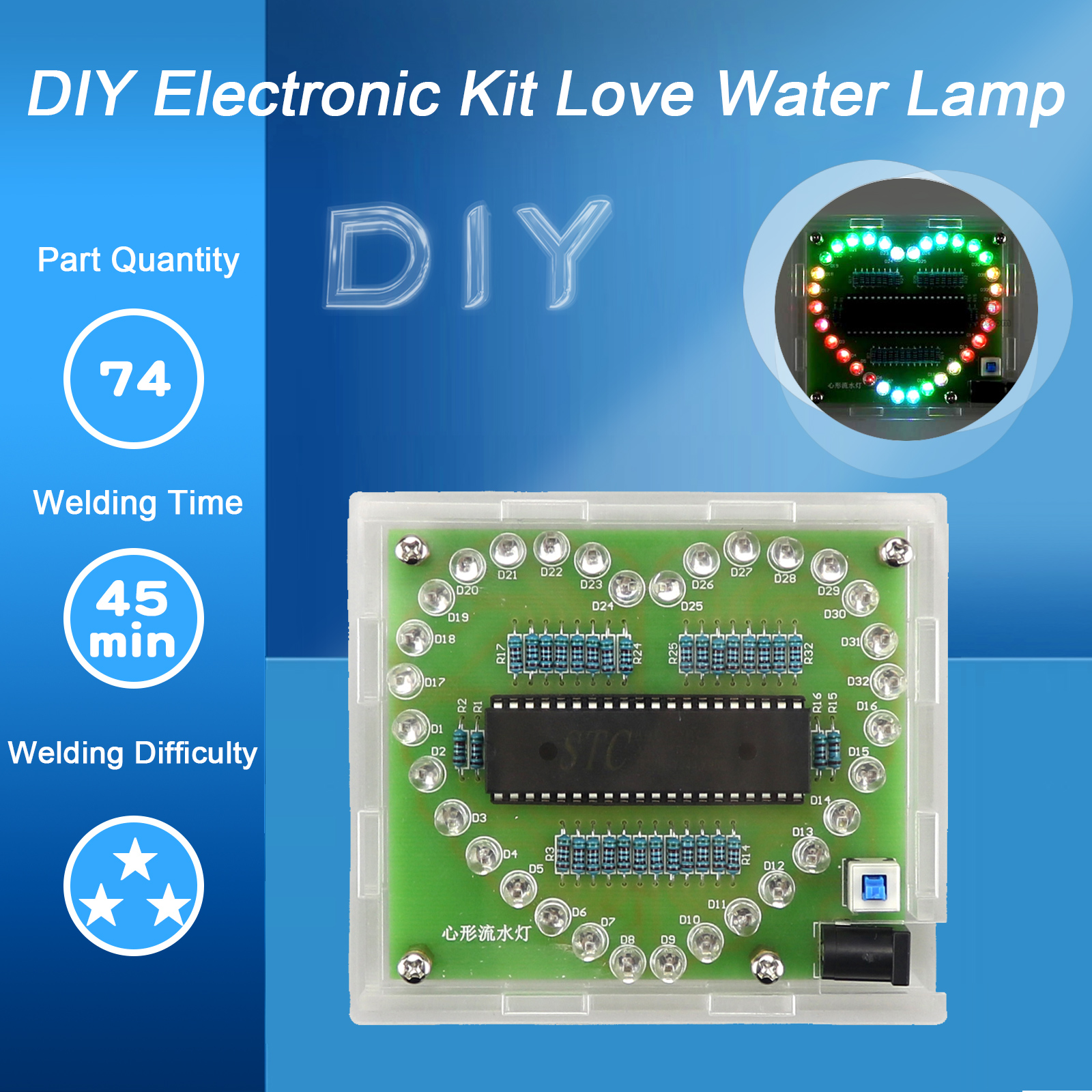 DIY elektronische Kit Herzform bunte Blendung LED RGB-Modul Liebe Wasser Licht stc89c52 51 Single-Chip-Mikro computer für Arduino