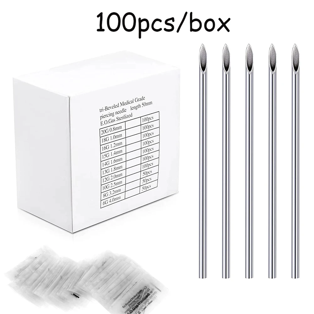 100 teile/schachtel Einweg Sterile Körper Piercing Nadel 10G 12G 14G 16G 18G 20G stahl Sterile Einweg ForEar Nase Nabel Nippel Lippe