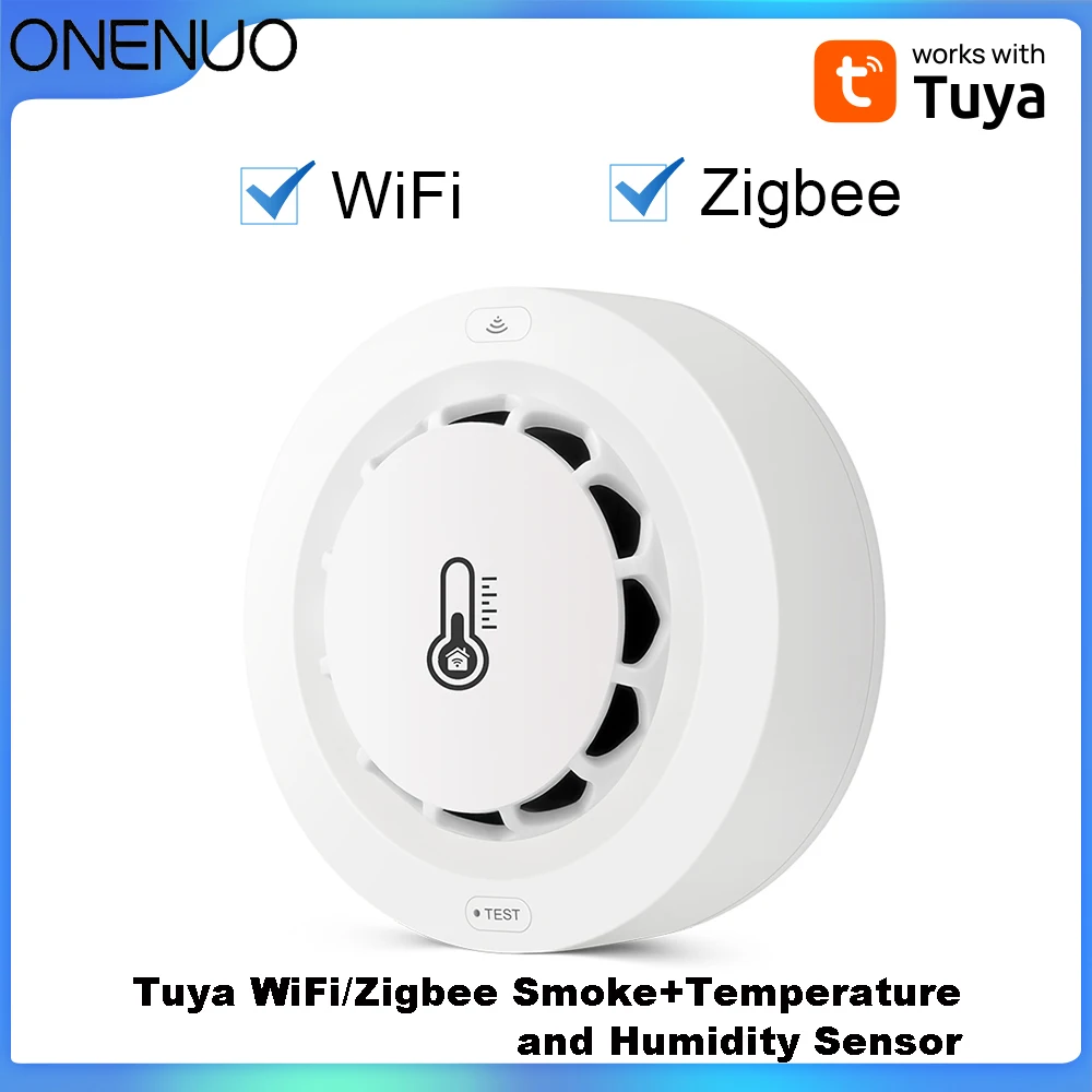 Tuya WiFi of Zigbee Rookmelder met temperatuur-vochtigheidsdetectie 3-in-1 Ondersteuning 80dB Geluidsalarm Afstandsbediening Push Alert-functie