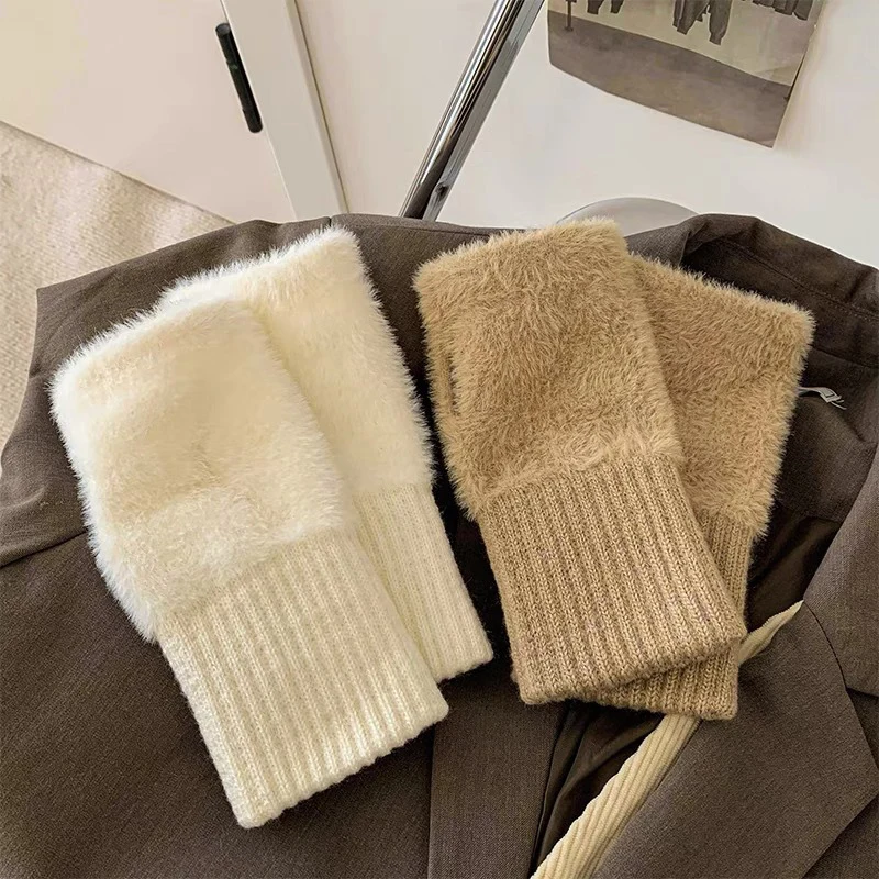 Autumn Winter Soft Mink Fleece Half Finger Gloves Women Plush Knitted Fingerless Gloves Wrist Mittens Driving Writting Gloves