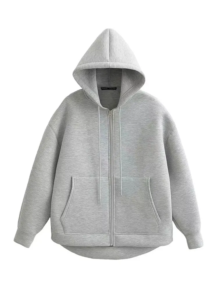 HH Herbst Frauen Grau Jacke Mit Kapuze Langarm Große Tasche Zipper Jacke Mantel Frau Lose Beiläufige Oberbekleidung Mantel Tops