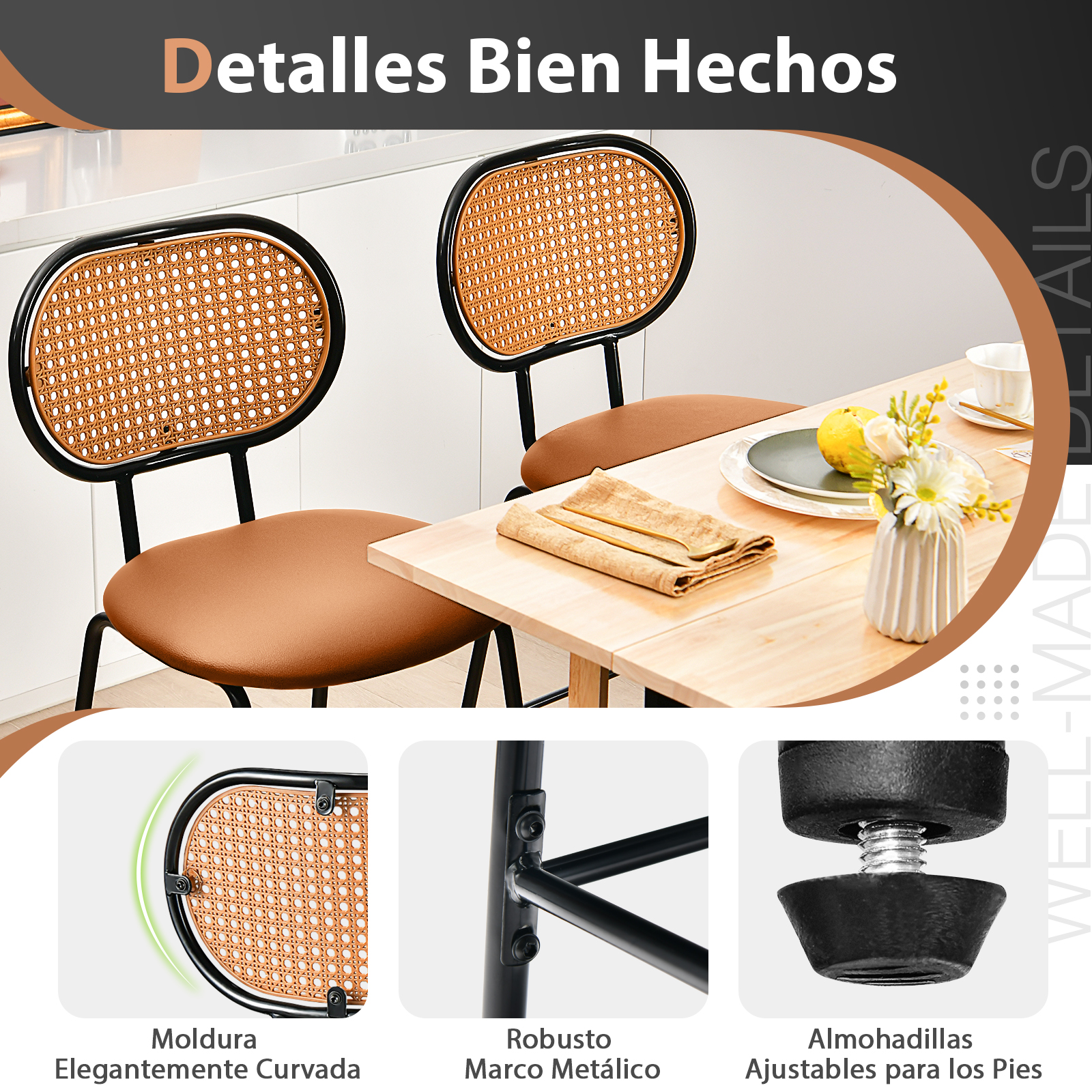 Juego de 2 Taburetes De Bar, Sillas de Comedor Modernas de Imitación de Cuero con Respaldo de Ratán, Taburetes de Bar sin Brazos de Altura Ajustable para Bistro Hogar, Restaurante, 75 cm