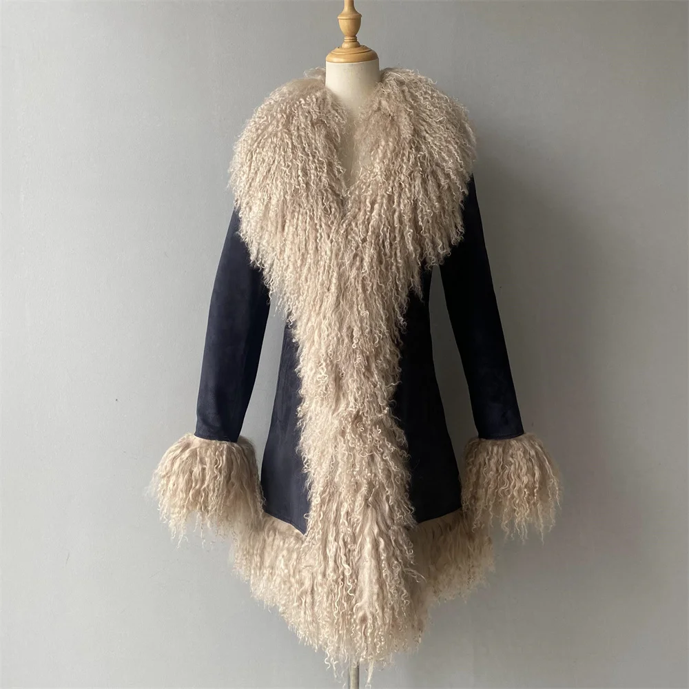 Jaxmonoy manteau en daim véritable avec fourrure de mouton mongole naturelle pour les femmes 2025 automne hiver veste en cuir chaud mode mince longs manteaux