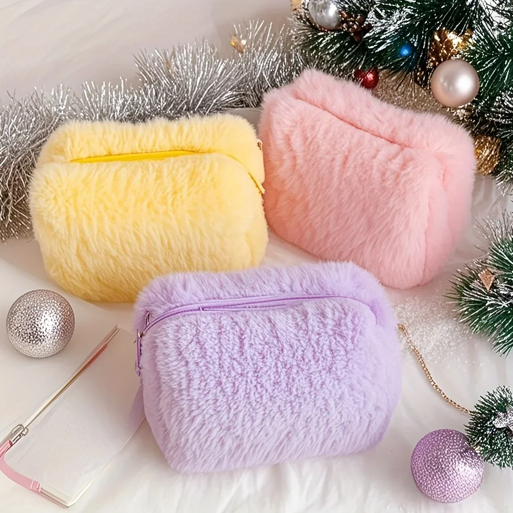 Cómoda bolsa de almacenamiento de cosméticos de felpa de invierno, bolsa de almacenamiento de cosméticos portátil, estuche de lápices de papelería