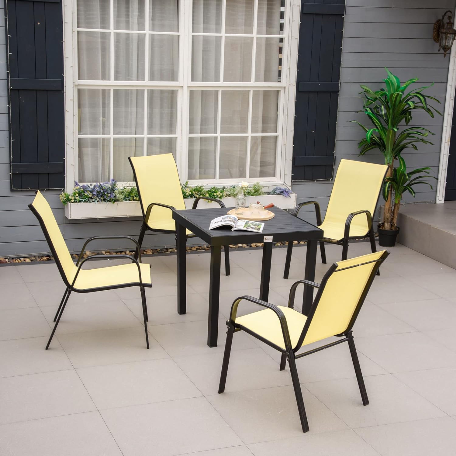 4 Pieces Garden Chairs, Stackable Outdoor Chairs with High Backrest and Armrest, Breathable Mesh Fabric Dining Chair Set of 4
