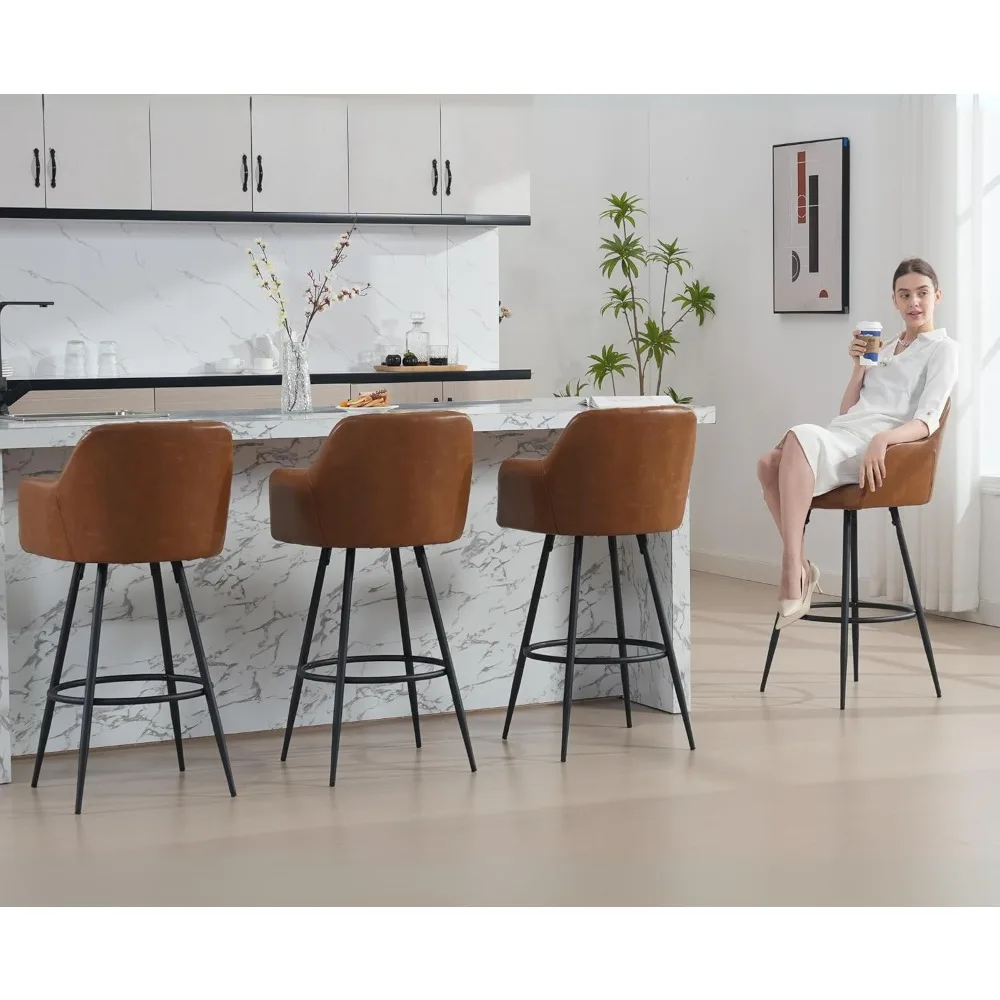 Modern Bar Stools Set of 2 Bar Height Barstools with Back and Arms High Bar Chairs with Metal Footrest Leather Upholstere