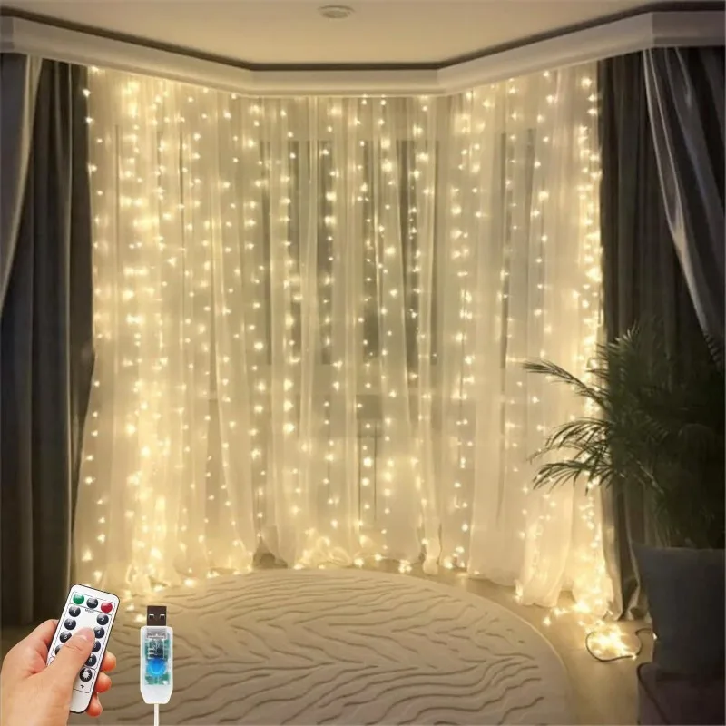 LED Curtain String Lights Christmas Garland Decor Fairy Light 8 Modes USB Remote Control Wedding Holiday Party for Bedroom Home