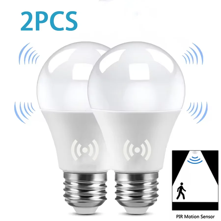 2 uds E27 bombilla LED 12W lámpara con Sensor de movimiento de Radar 220V blanco Auto encendido por la noche para el hogar sala de estar escaleras pasillo camino