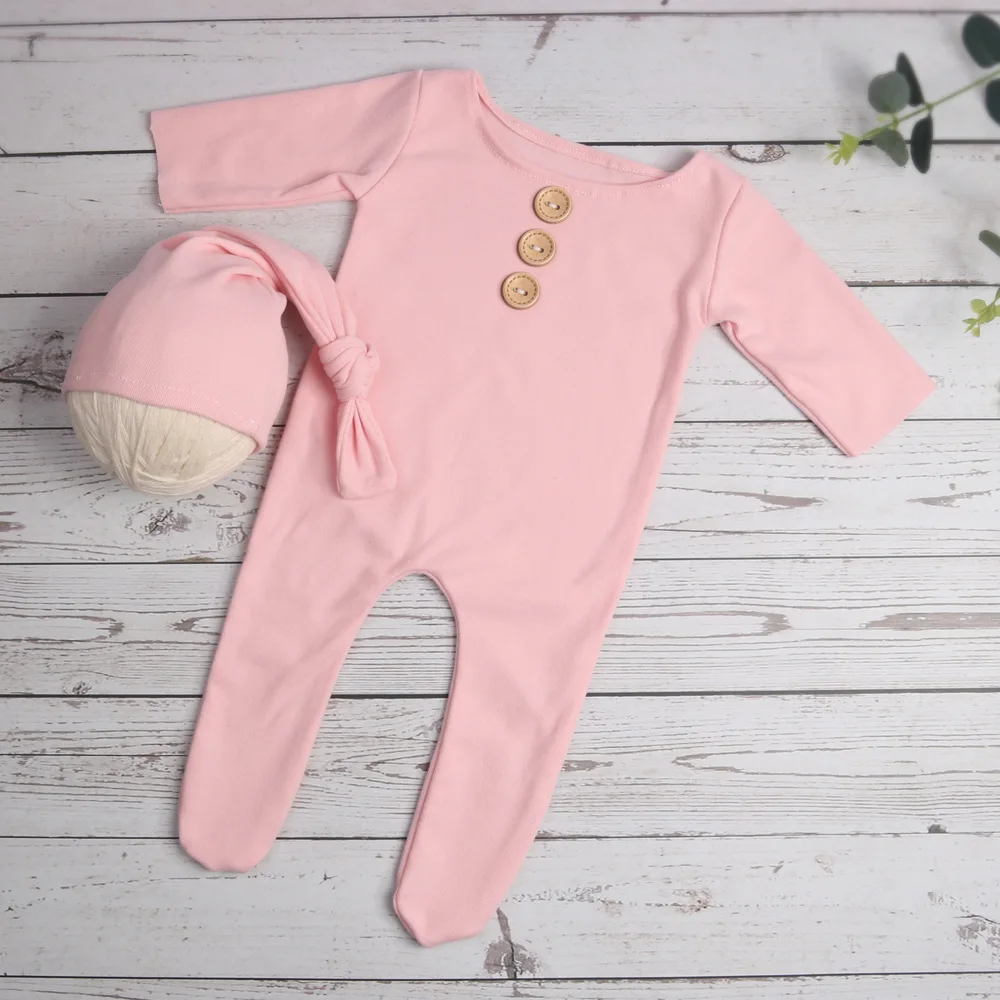 Ylsteed ทารกแรกเกิดการถ่ายภาพ Props ปุ่ม Footed Jumpsuit กับ Sleepy หมวกทารก Photo Props Pic Idea
