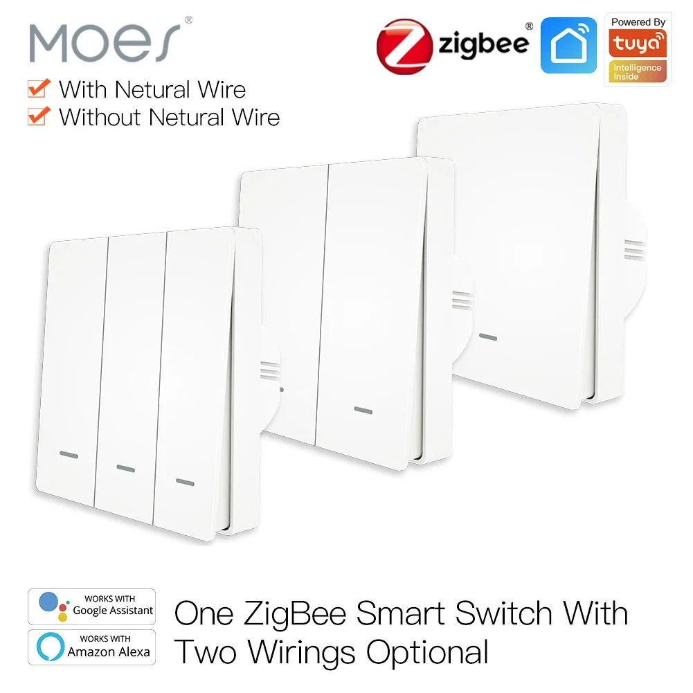 MOES Tuya ZigBee slimme lichtschakelaar Geen neutrale draad Geen condensator nodig Smart Life 2/3-weg Werkt met Alexa Google Home 2mqtt
