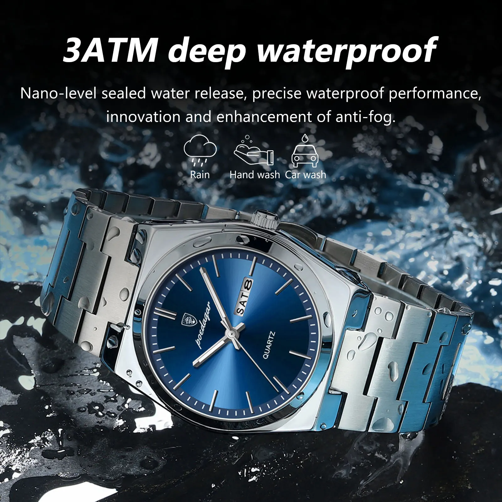 POEDAGAR Luxe zakelijke horloges voor heren Datum Week Roestvrij staal Waterdicht Lichtgevend herenhorloge Hoge kwaliteit quartz herenhorloge