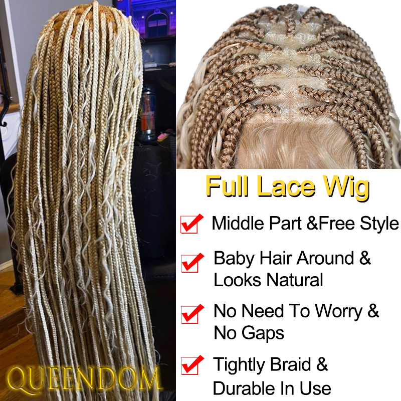 Peluca trenzada bohemia de encaje completo sintético, trenzas en caja de 32 pulgadas, peluca de diosa con pelo rizado, peluca trenzada Cornrow de gradación rubia ombré