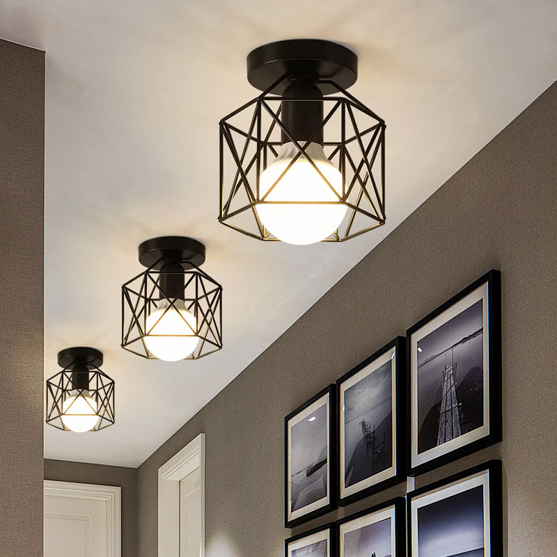 Luces de techo Vintage E27, lámparas de techo para pasillo, vestíbulo, jaula interior de Metal negro, candelabro, accesorios de iluminación para el hogar