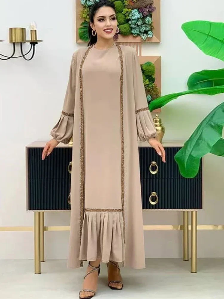イスラム教徒の女性のためのヒジャーブドレス,2ピースセット,長袖,ランタンマキシ,アバヤ,着物,大きなスイング